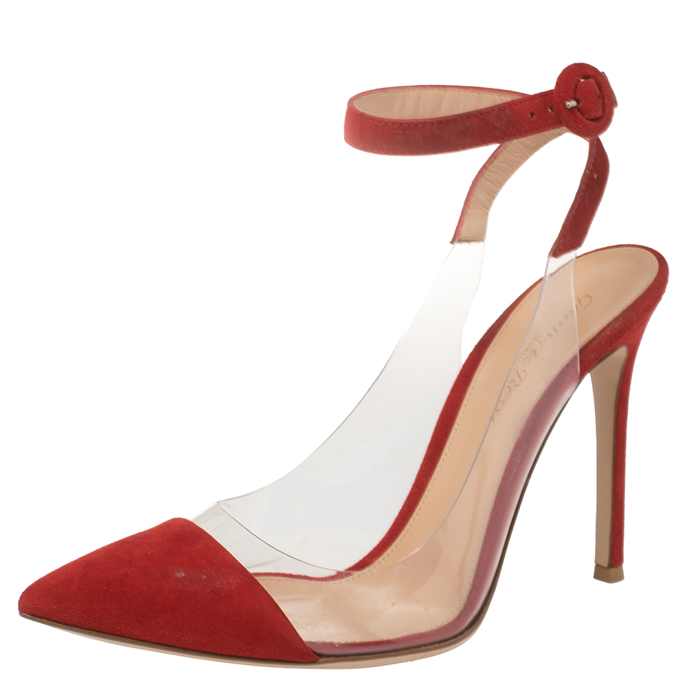 Pre-owned Gianvito Rossi Red Suede And Pvc Anise Ankle Strap Sandals Size 38.5