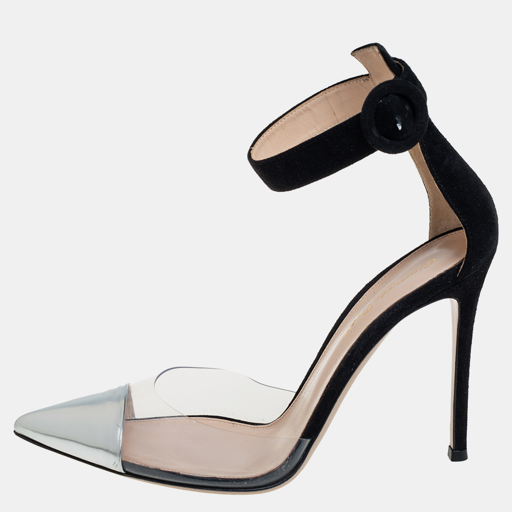 

Gianvito Rossi Black/Silver Suede And PVC Ankle Strap Sandals Size