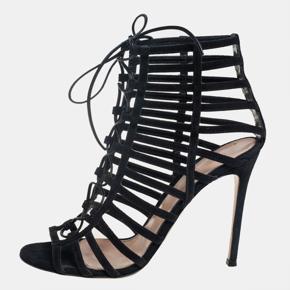 Pre-owned Gianvito Rossi Black Suede Caged Lace Up Sandals Size 39