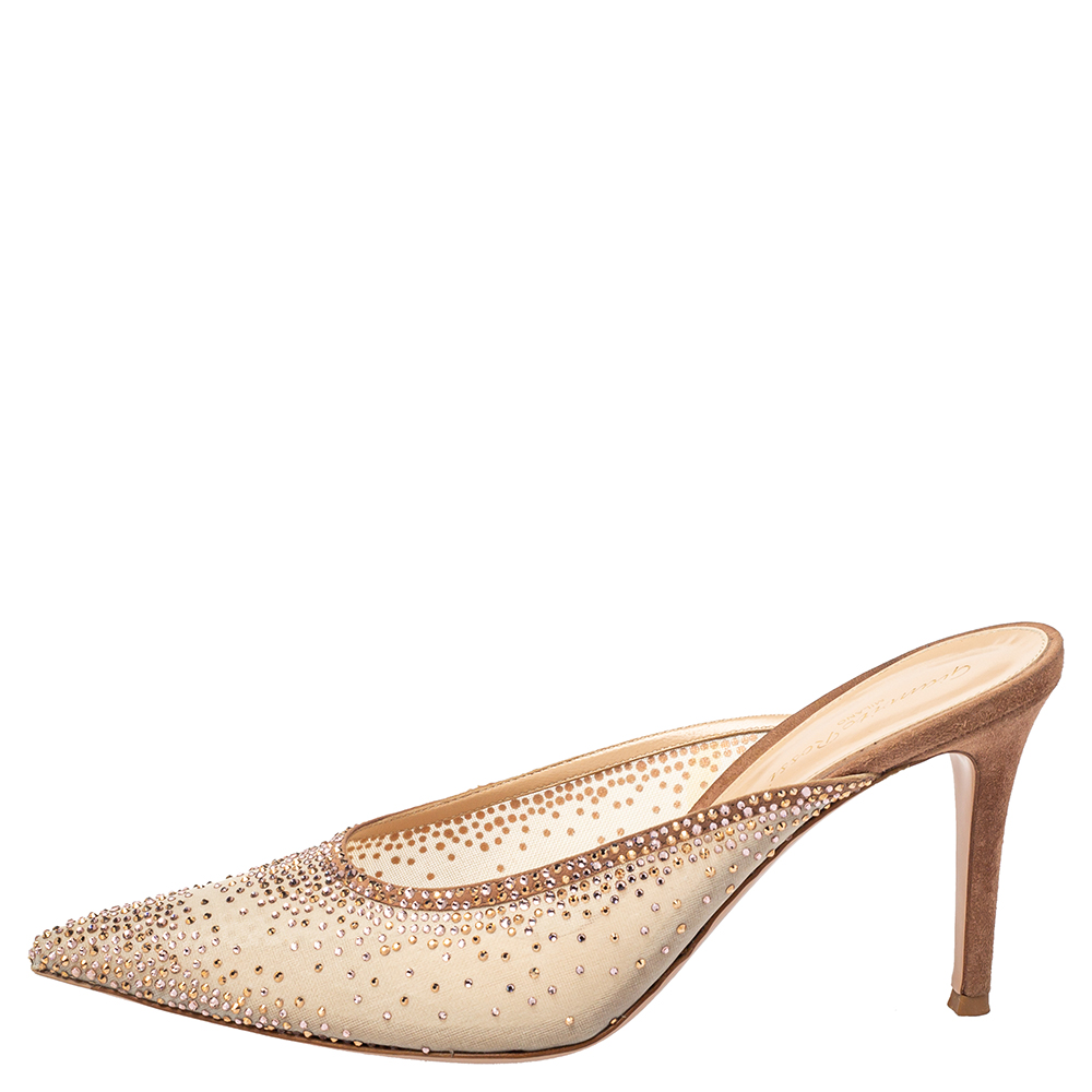 

Gianvito Rossi Beige Crystal Embellished Mesh Pointed Toe Mules Size
