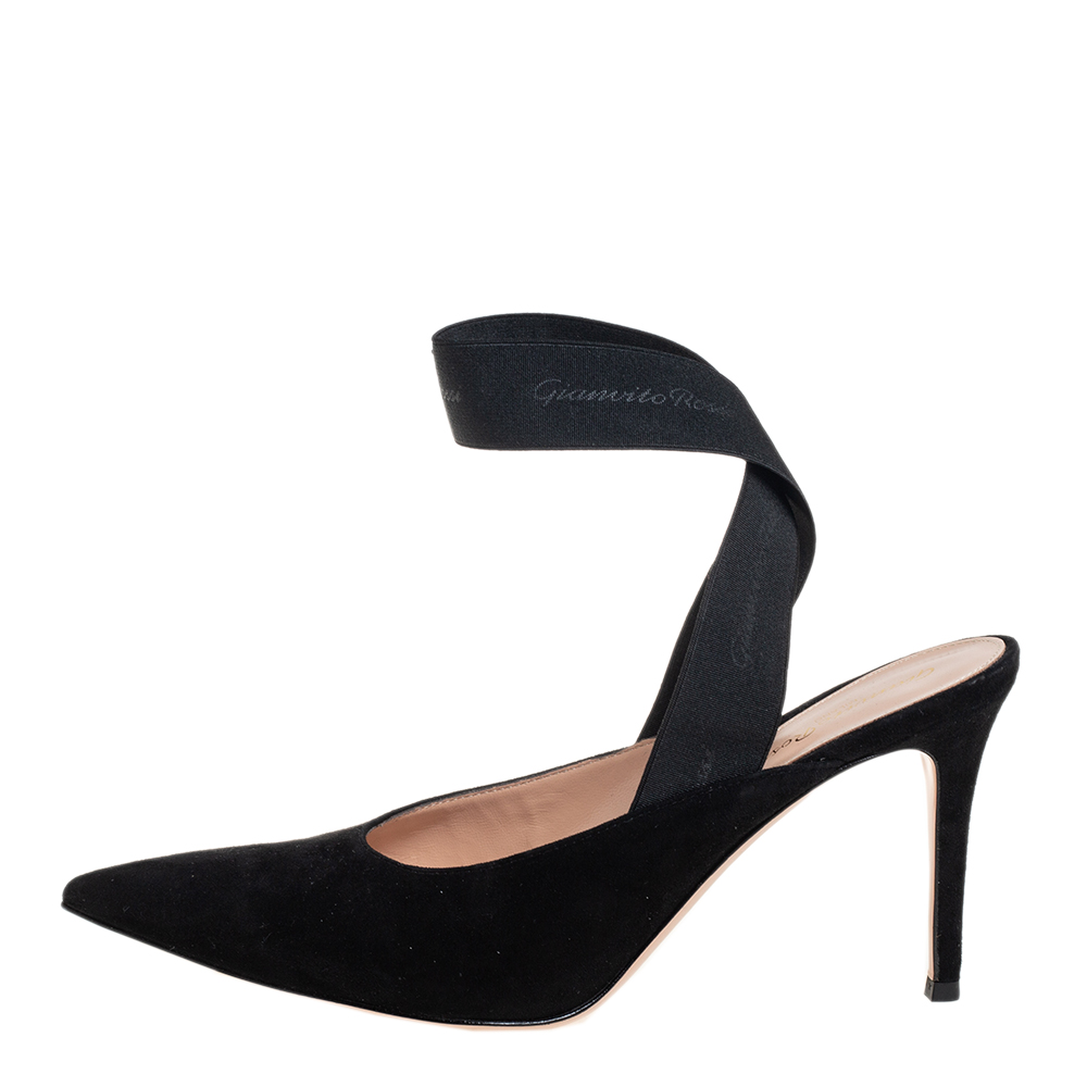 

Gianvito Rossi Black Suede And Elastic Strap Pointed Toe Ankle Wrap Sandals Size