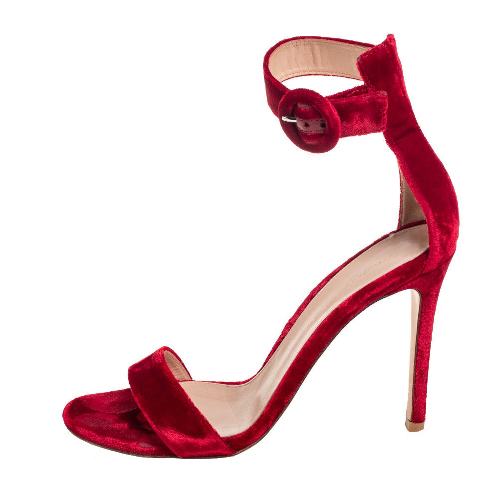 

Gianvito Rossi Red Velvet Portofino Ankle Strap Sandals Size