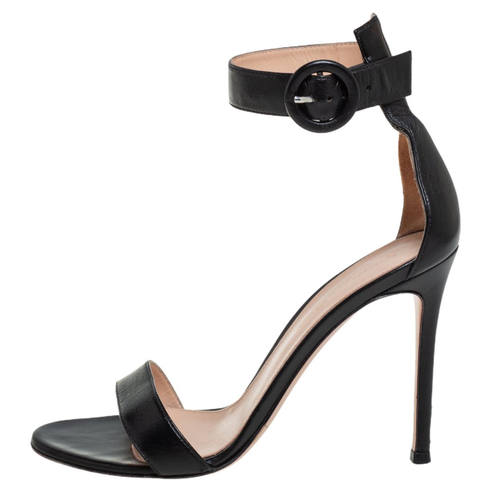

Gianvito Rossi Black Leather Portofino Ankle Strap Sandals Size