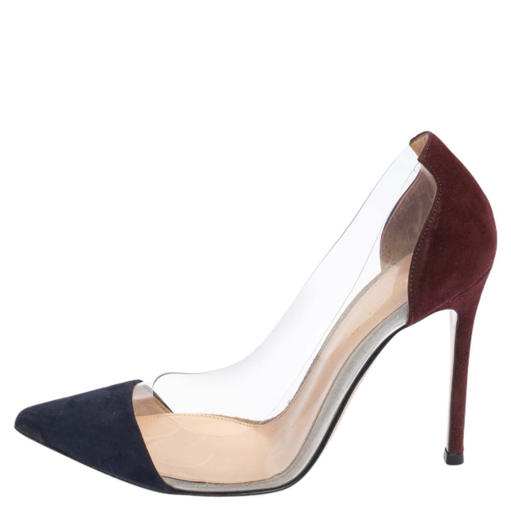 

Gianvito Rossi Navy Blue/Maroon Suede and PVC Plexi Pointed Toe Pumps Size