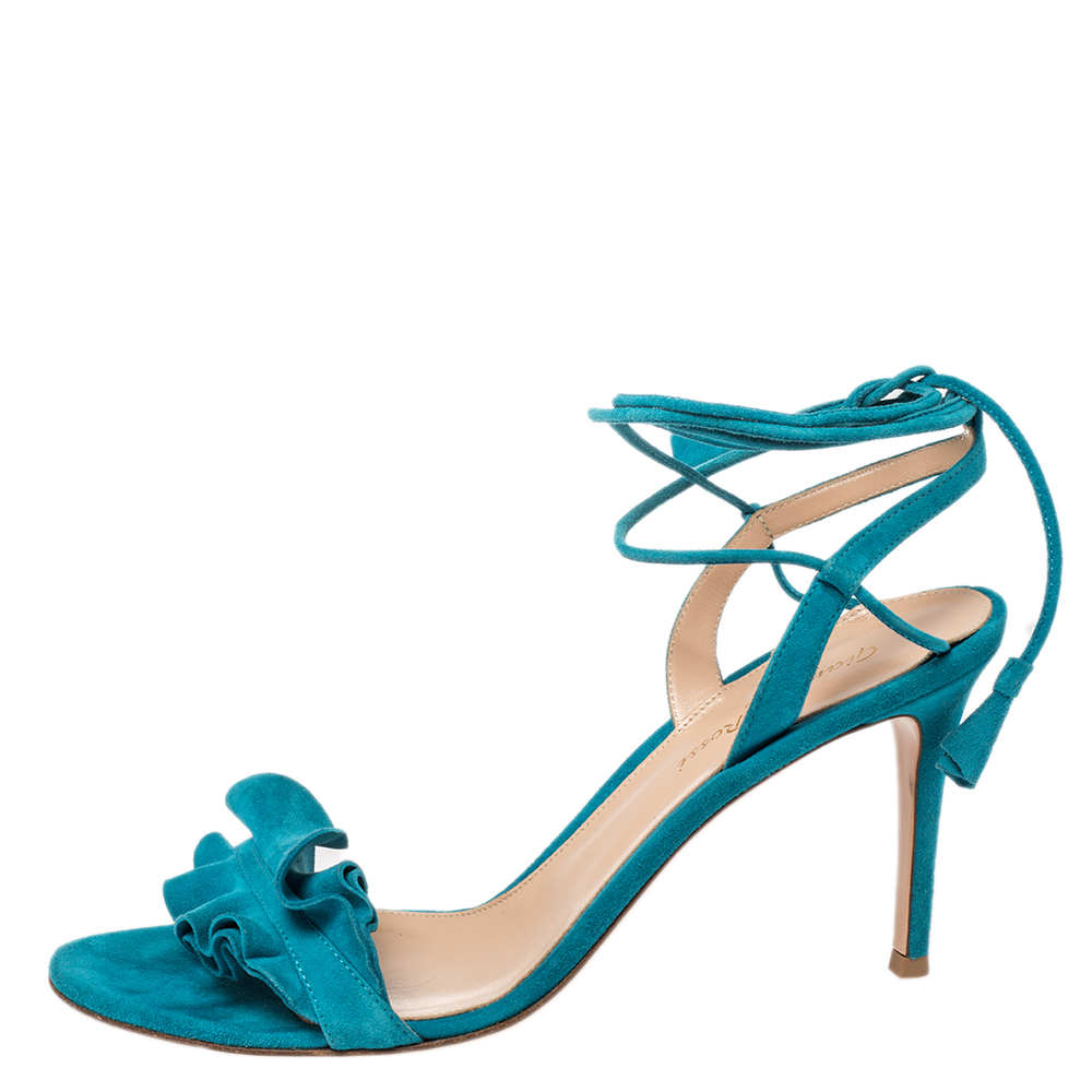 

Gianvito Rossi Blue Suede Ruffled Ankle Wrap Sandals