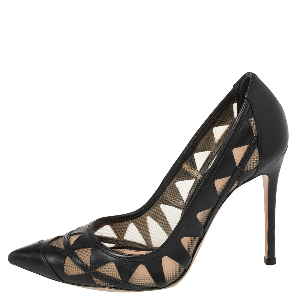 

Gianvito Rossi Black Leather and Mesh Maxine Laser Cut Pumps Size