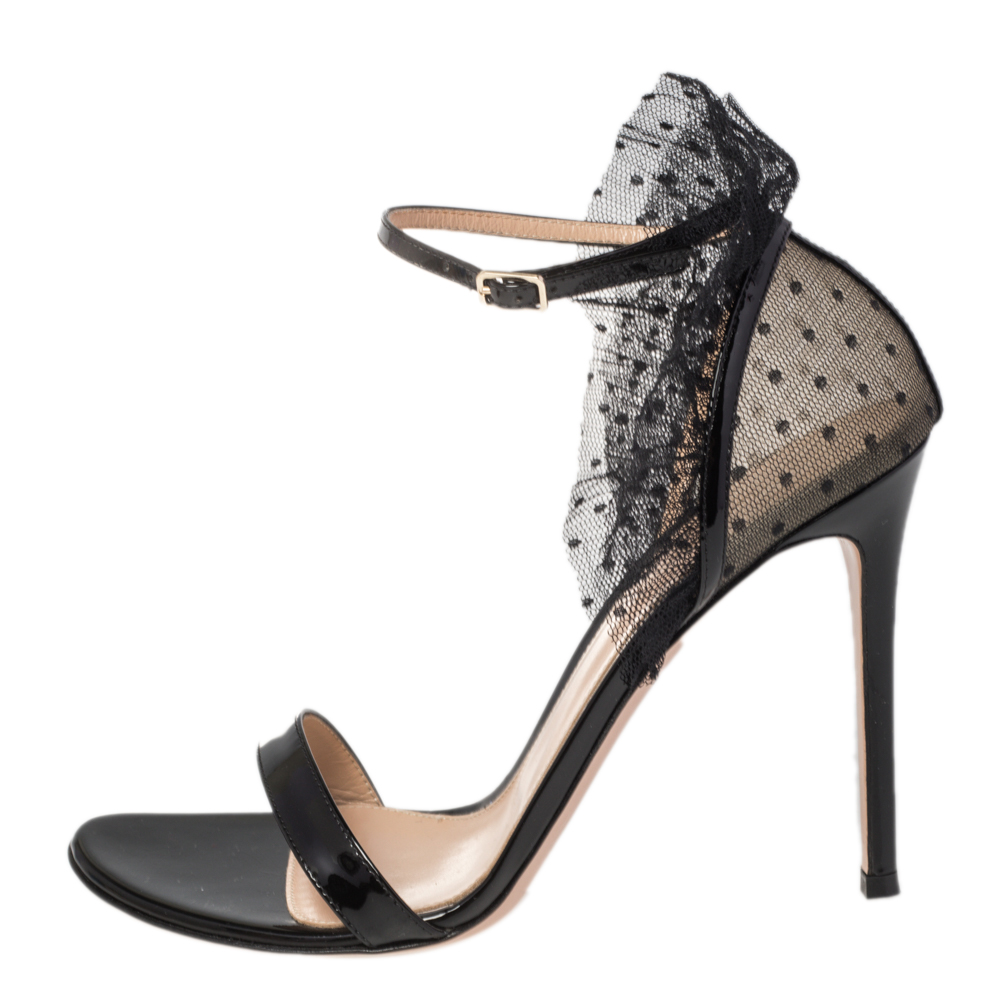 

Gianvito Rossi Black Lace and Patent Leather Annabelle Ruffled Tulle Ankle Strap Sandals Size