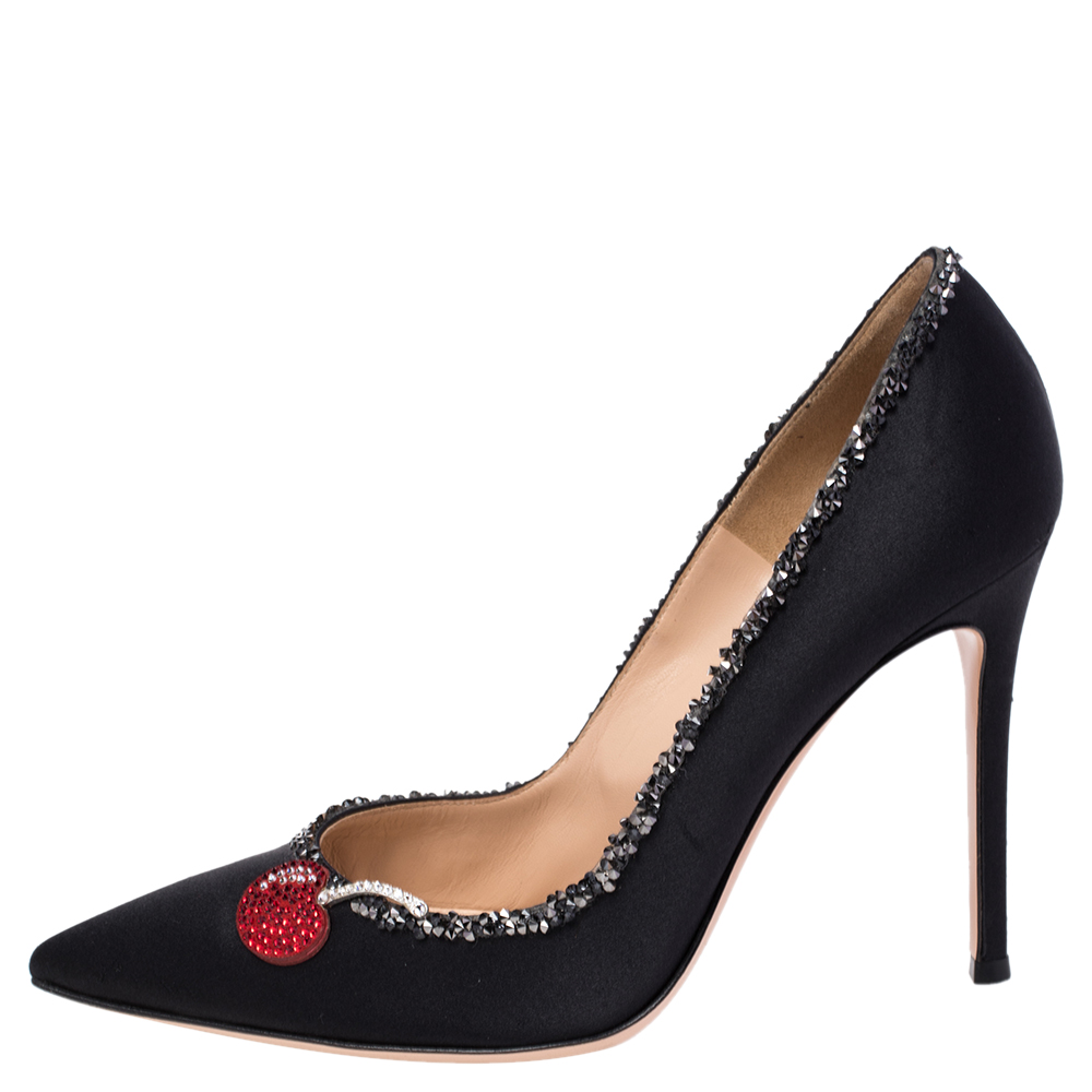 

Gianvito Rossi Black Satin Crystal Embellished Cherry Pointed Toe Pumps Size