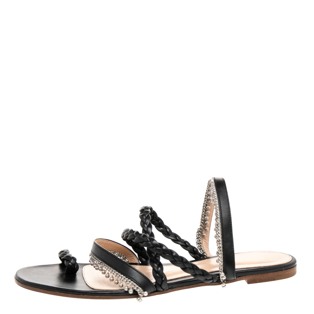 

Gianvito Rossi Black Leather Embellished Strappy Flat Slide Sandals Size