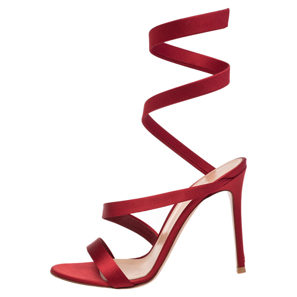 

Gianvito Rossi Red Satin Opera Twirl Ankle Wrap Sandals Size