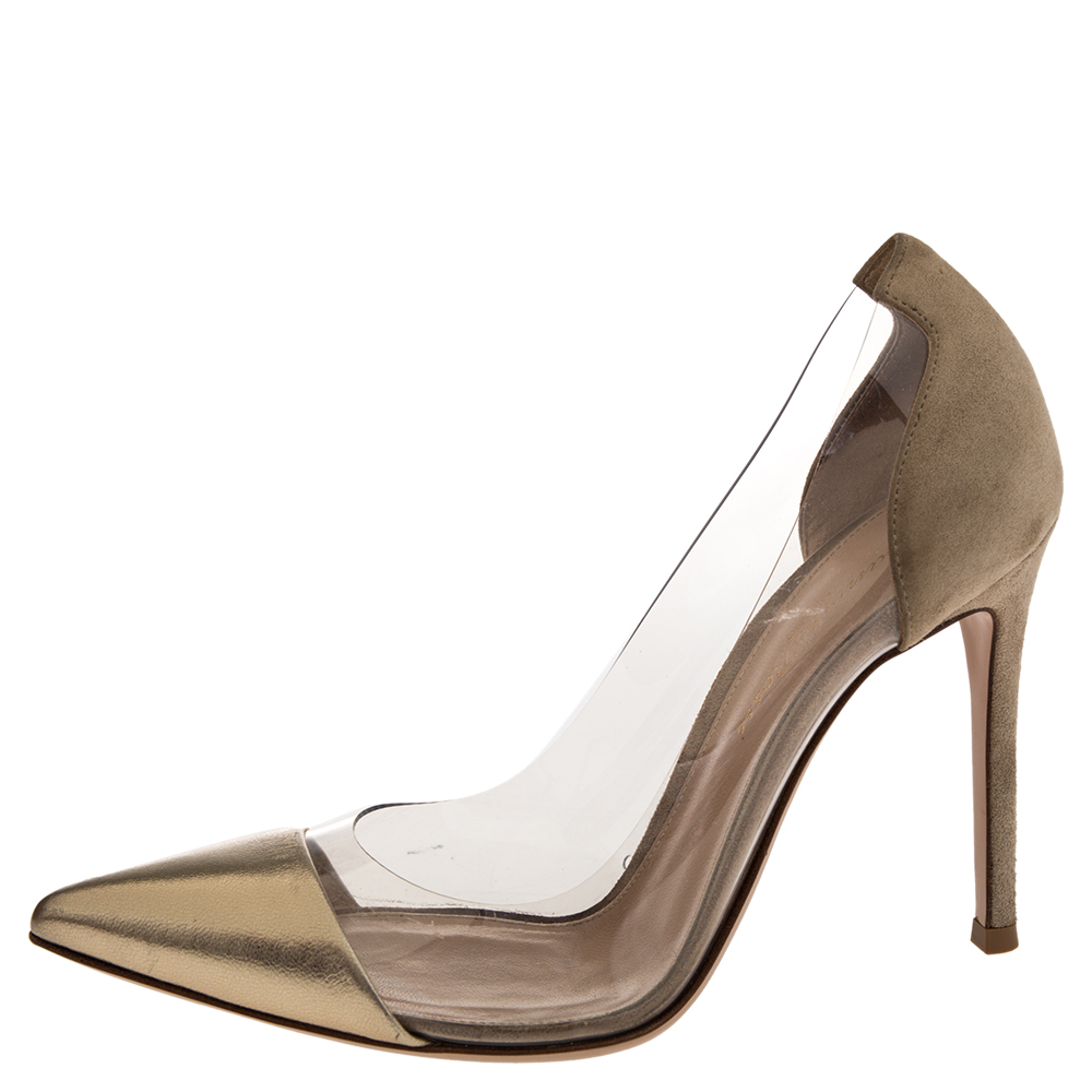 

Gianvito Rossi Gold/Beige Suede, Leather And PVC Plexi Pointed Toe Pumps Size