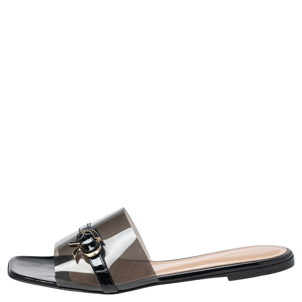 

Gianvito Rossi Black PVC and Patent Leather Gemini Slide Flats Size