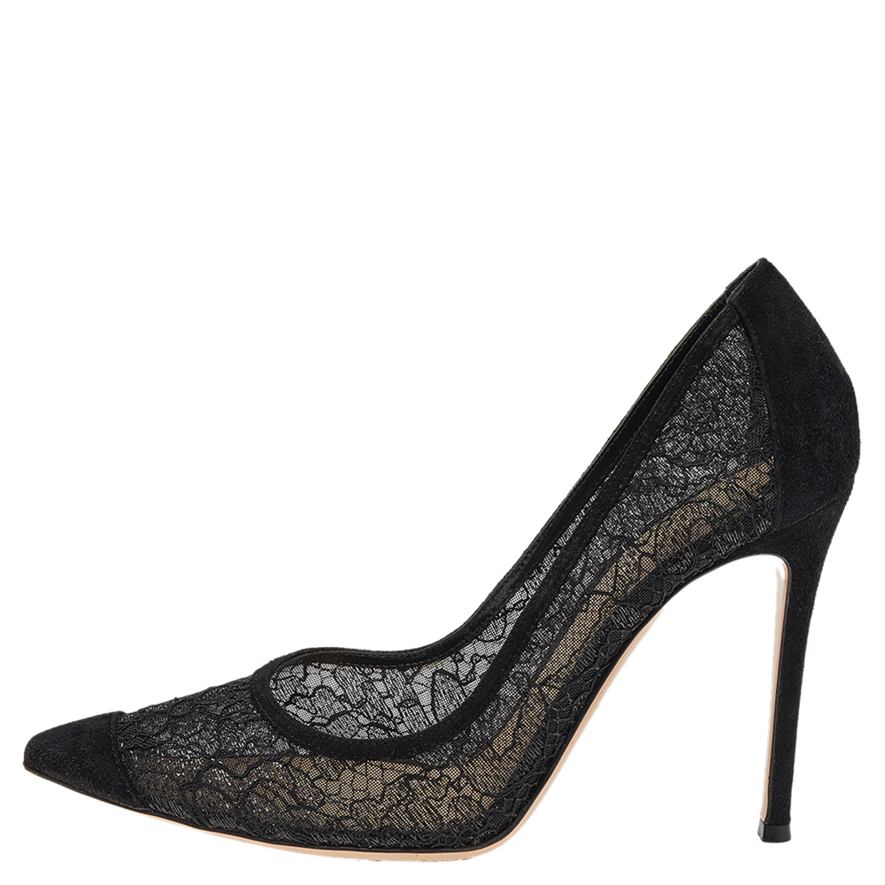 

Gianvito Rossi Black Lace and Suede Pointed Toe Pumps Size