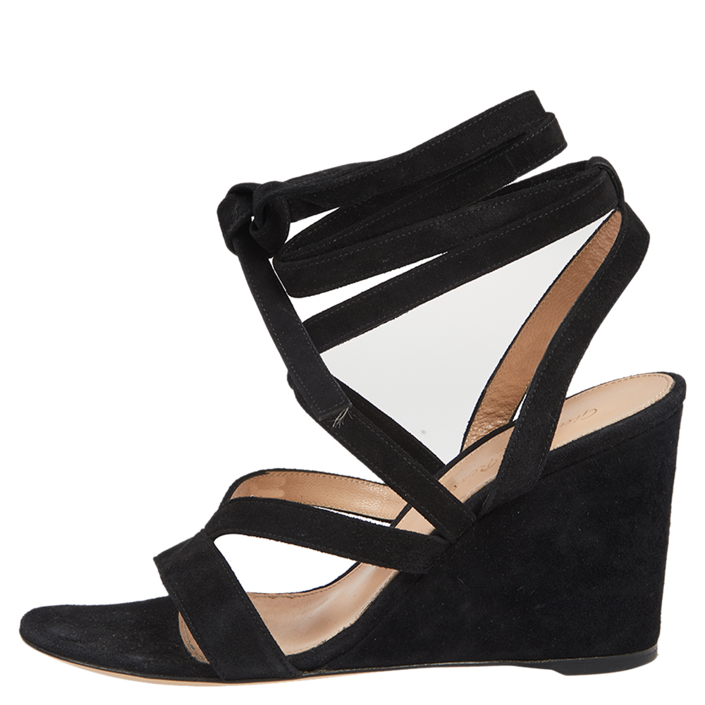 

Gianvito Rossi Black Suede Wedge Ankle Wrap Sandals Size