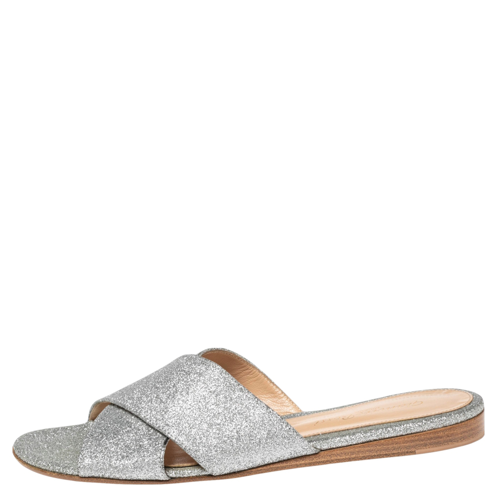 

Gianvito Rossi Silver Glitter Fabric Crisscross Flats Size