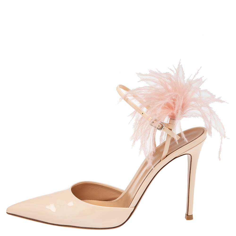 

Gianvito Rossi Beige Patent Leather Simmone Feather Ankle Strap Sandals Size