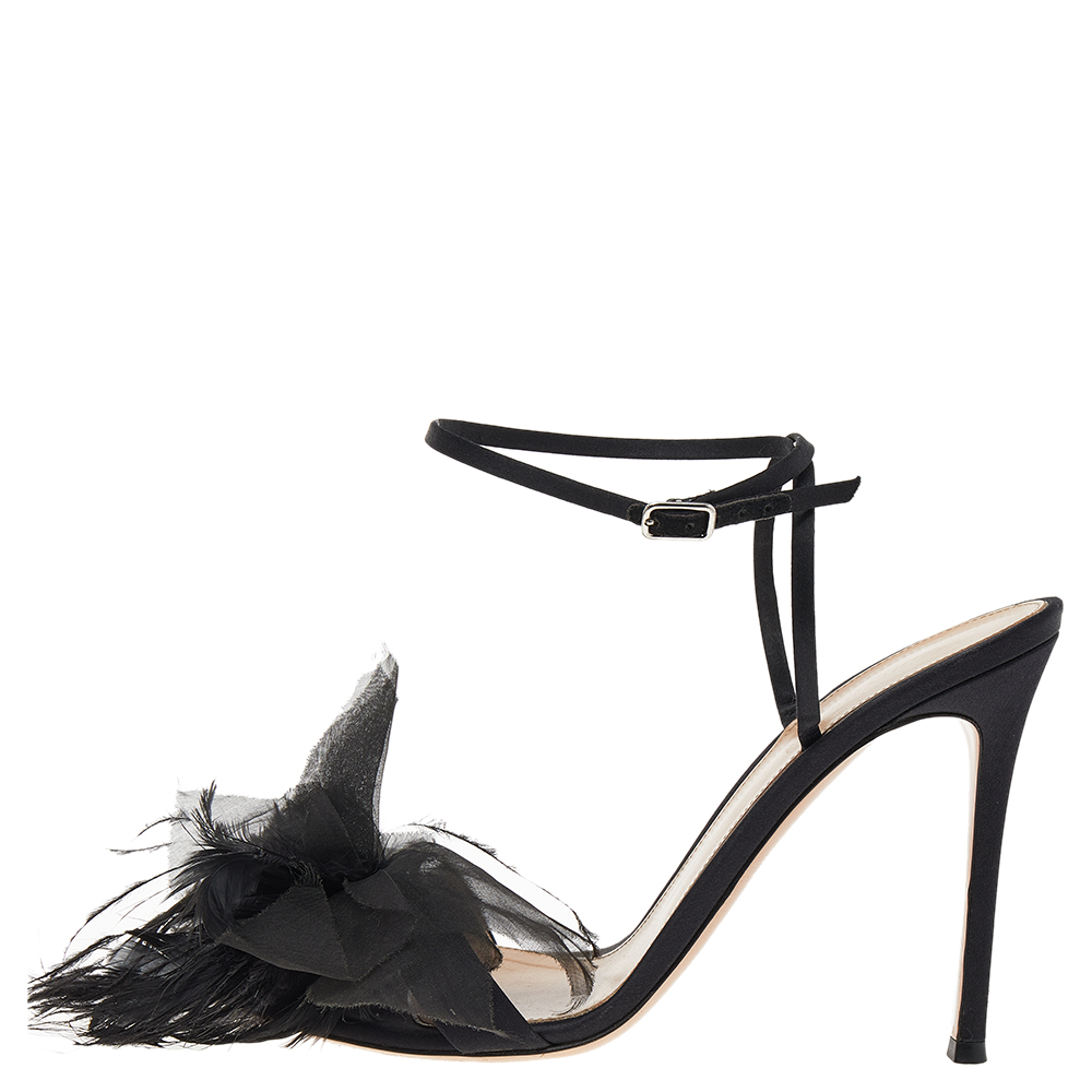 

Gianvito Rossi Black Satin Feather Flower Ankle Strap Sandals Size