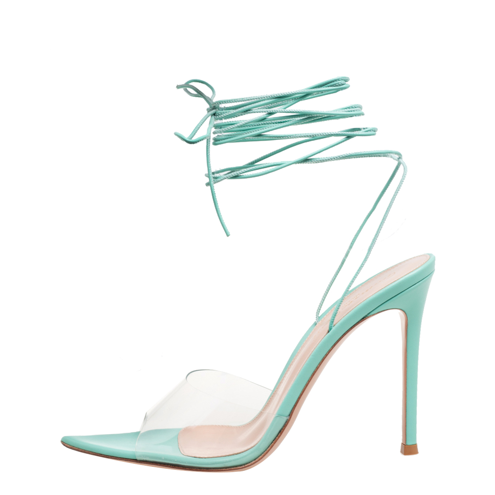 

Gianvito Rossi Aquamarine Green Leather and PVC Skye Ankle Wrap Sandals Size