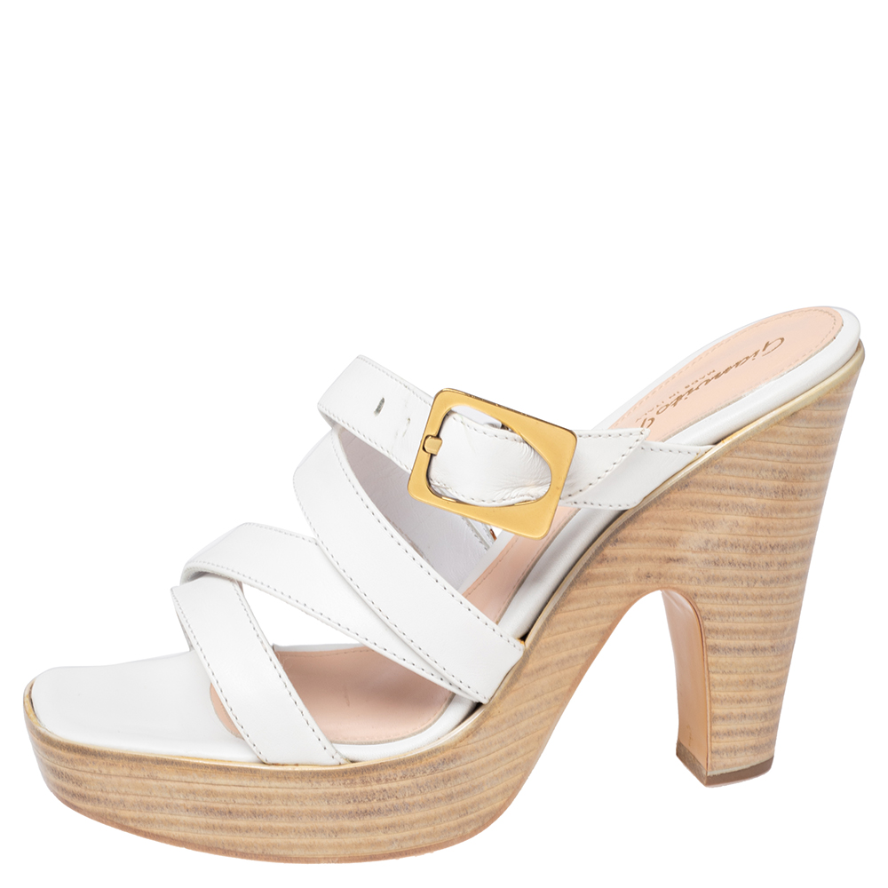 

Gianvito Rossi White Leather Strappy Wooden Platform Sandals Size