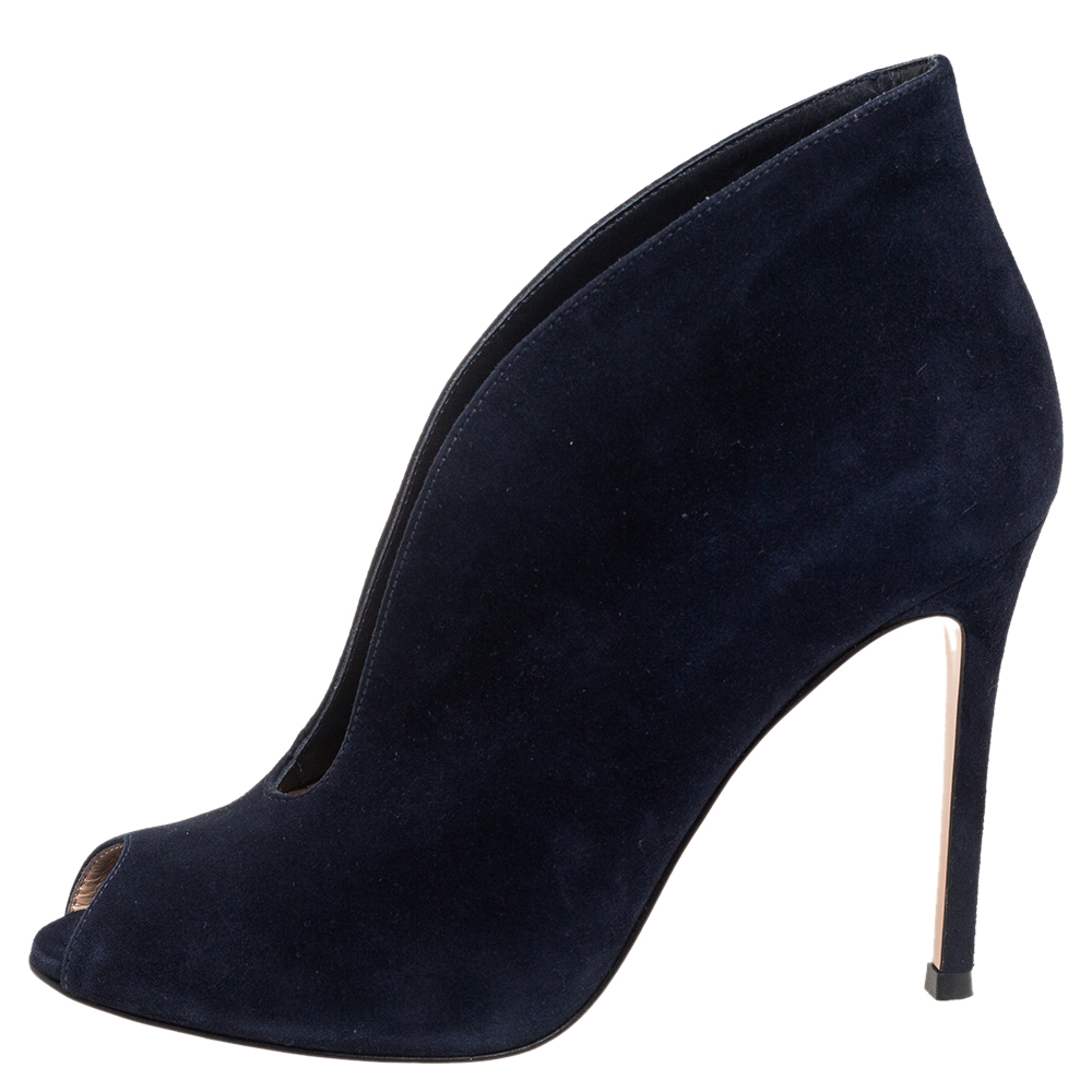 

Gianvito Rossi Navy Blue Suede Vamp Peep Toe Booties Size