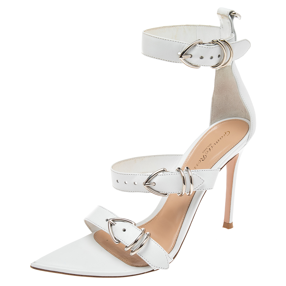 Pre-owned Gianvito Rossi White Leather Belted Ankle-strap Sandals Size 38.5