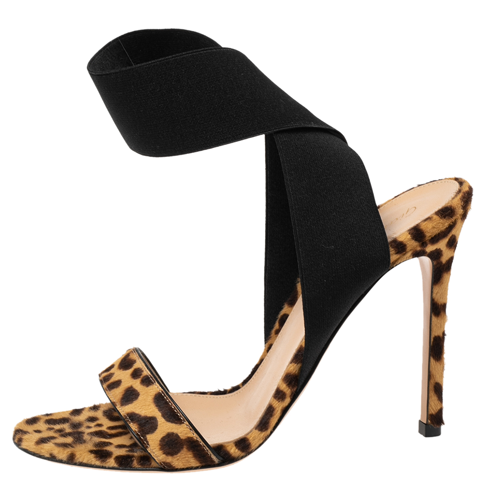 

Gianvito Rossi Beige/Brown Leopard Print Calf Hair And Elastic Fabric Ankle Wrap Sandals Size