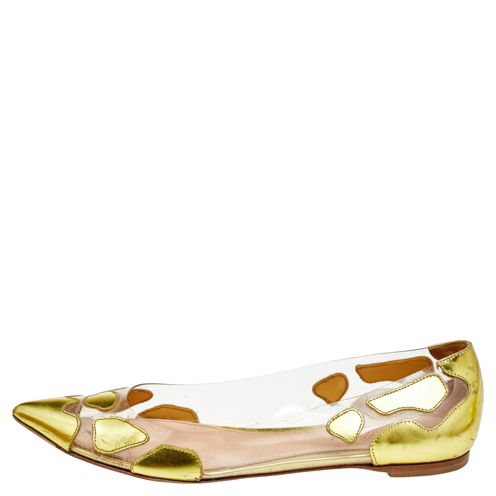 

Gianvito Rossi Gold Leather and PVC Plexi Pointed Toe Ballet Flats Size