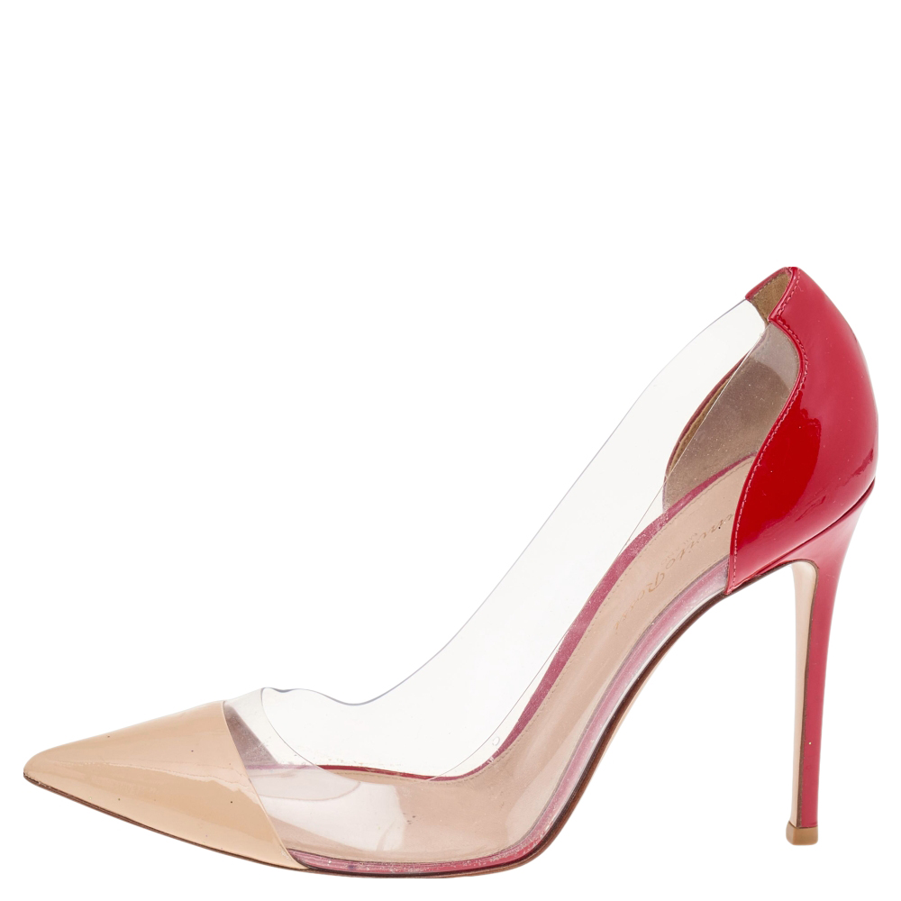 

Gianvito Rossi Beige/Red Leather And PVC Plexi Pointed Toe Pumps Size