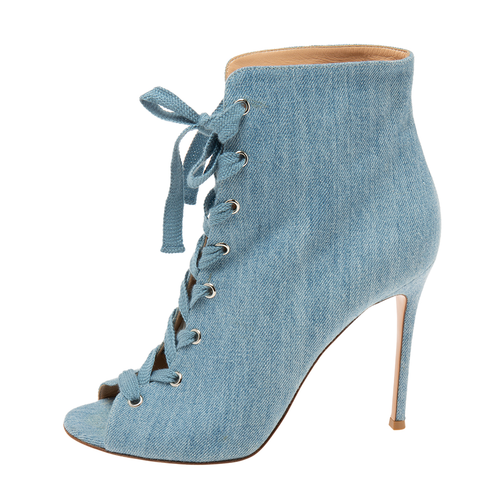 

Gianvito Rossi Demin Canvas Lace Up Open Toe Sandals Size, Blue