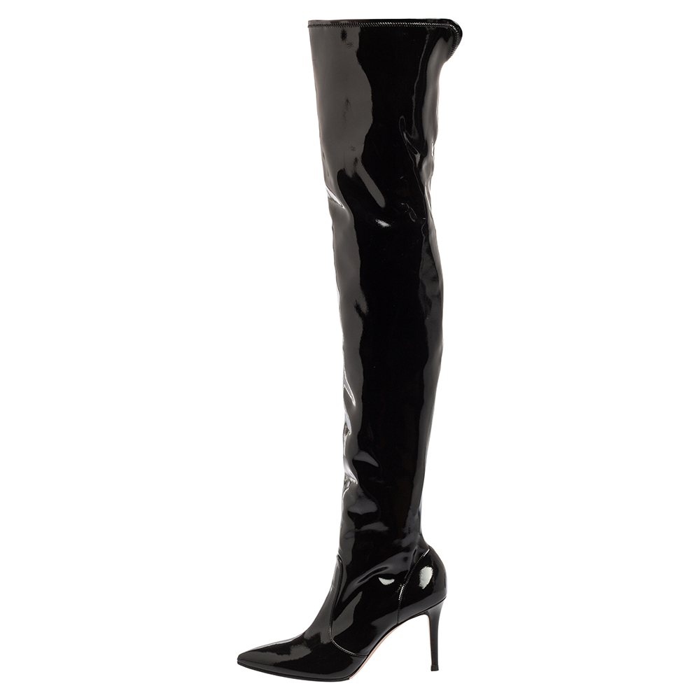 

Gianvito Rossi Black Patent Leather Pointed-Toe Over The Knee Boots Size