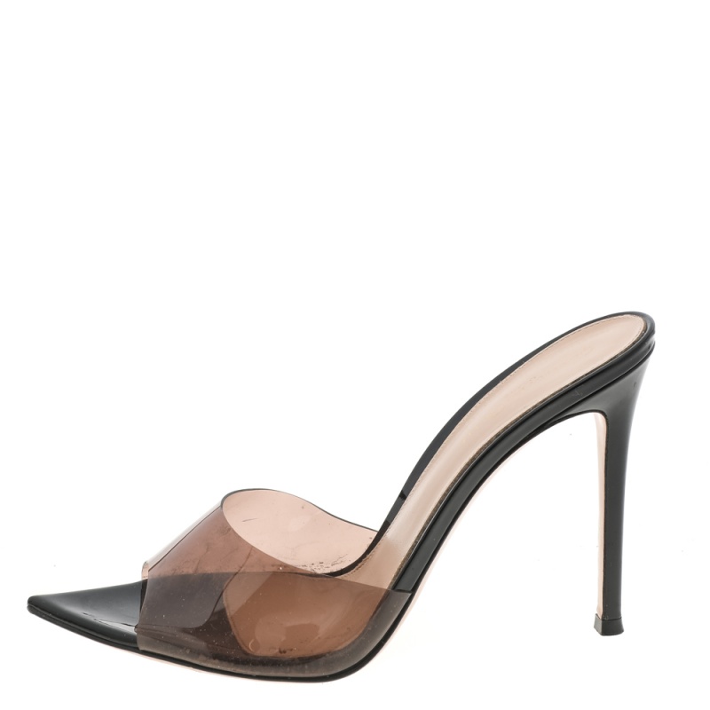 

Gianvito Rossi Beige/Black PVC Elle 105 Mules Sandals Size