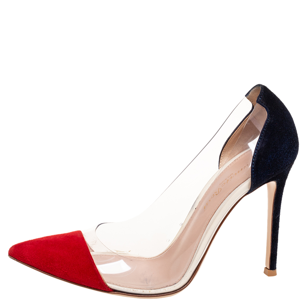 

Gianvito Rossi Red/Navy Blue Suede and PVC Plexi Pumps Size