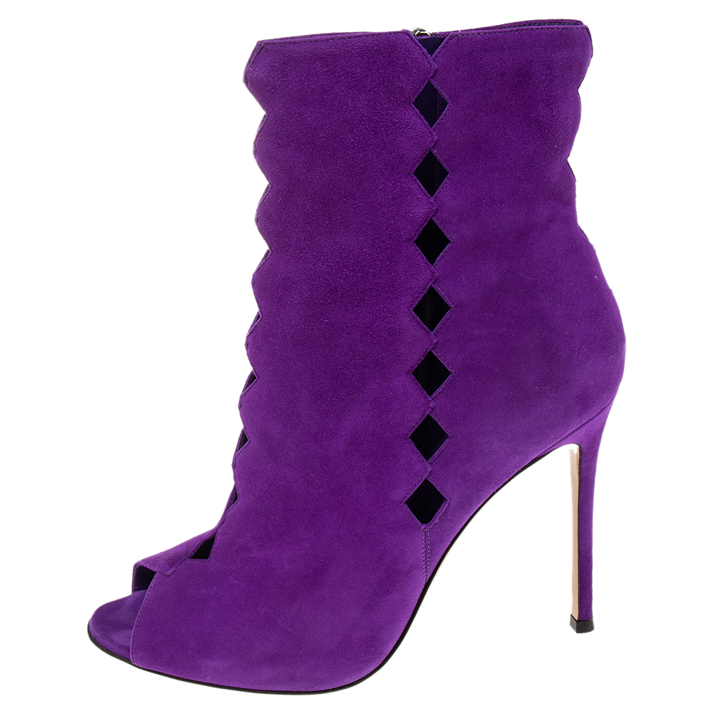 

Gianvito Rossi Purple Suede Diamond Cut-Out Peep-Toe Ankle Booties Size