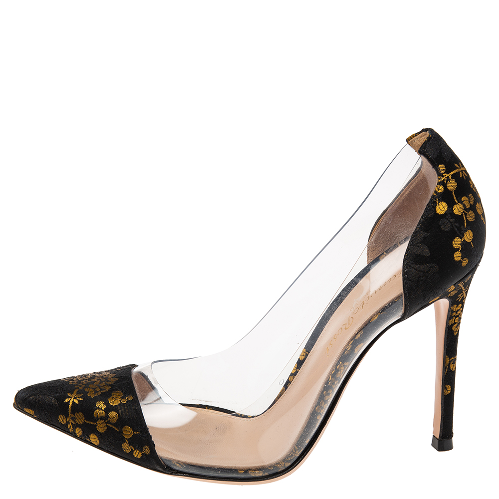 

Gianvito Rossi Black/Gold Brocade Fabric and PVC Plexi Pumps Size