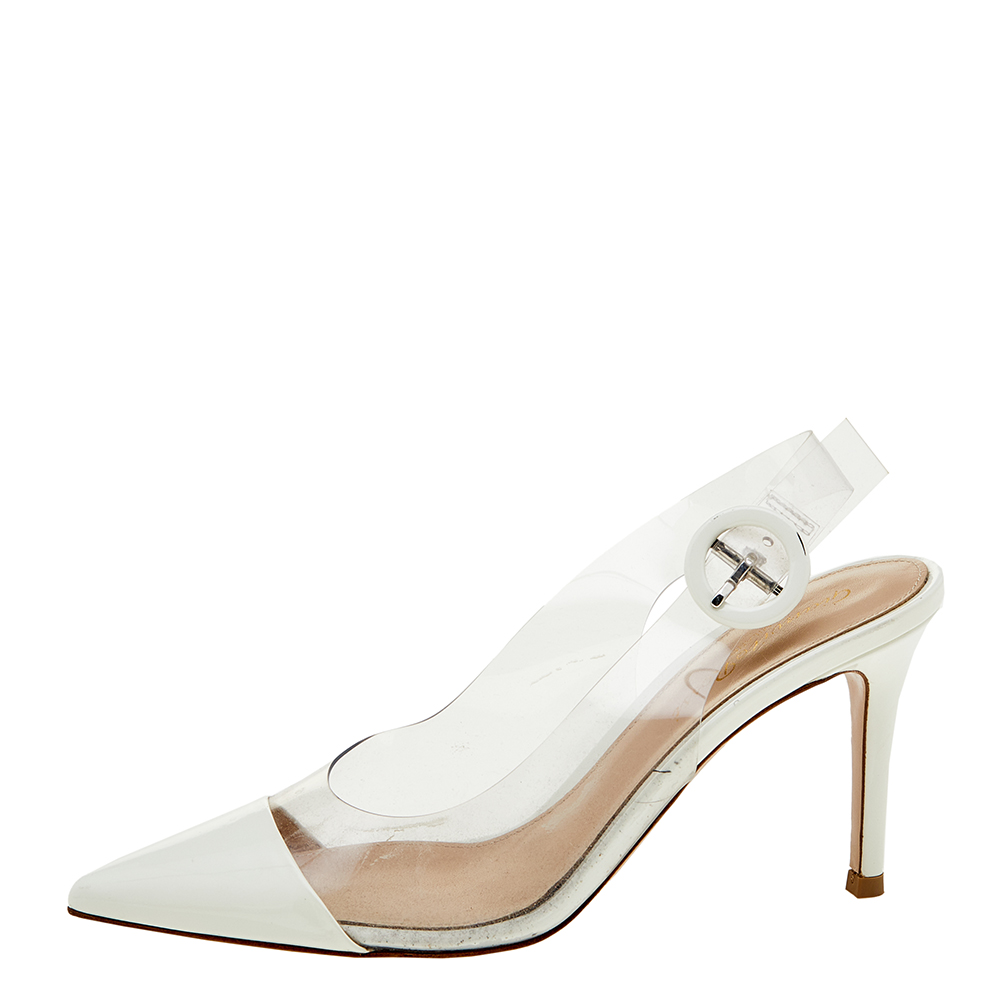 

Gianvito Rossi White Patent Leather And PVC Plexi Pointed Toe Slingback Sandals Size