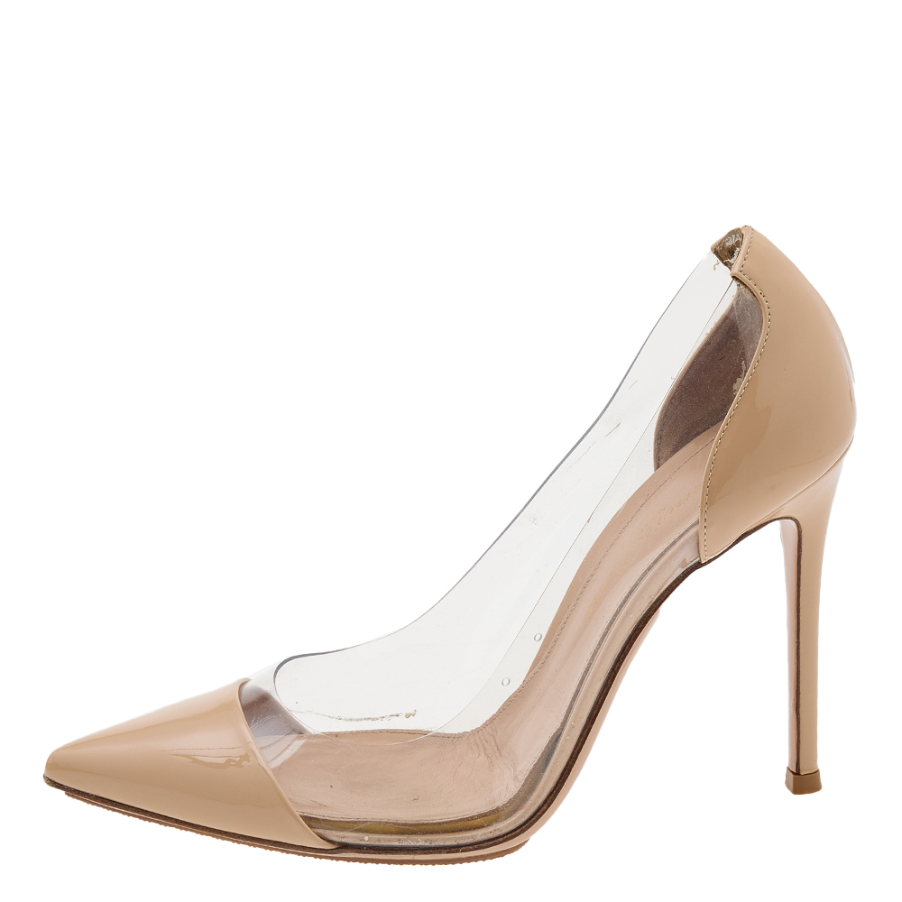 

Gianvito Rossi Beige Patent Leather And PVC Plexi Pointed Toe Pumps Size