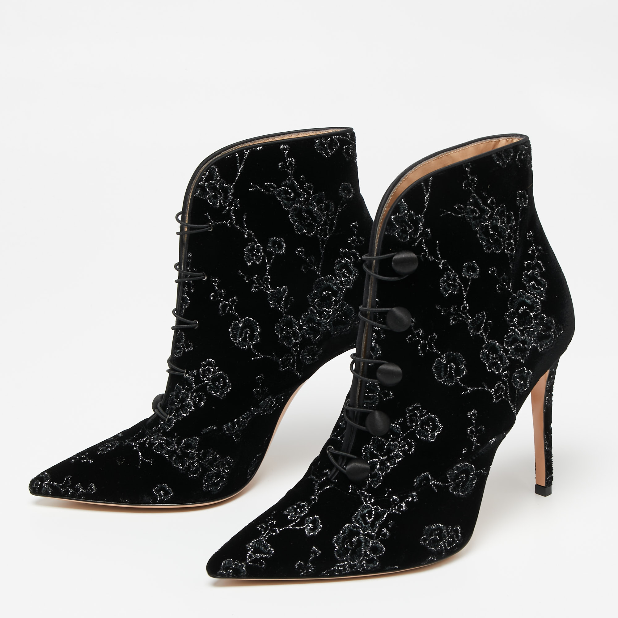 

Gianvito Rossi Black Embroidered Velvet Empress Ankle Booties Size