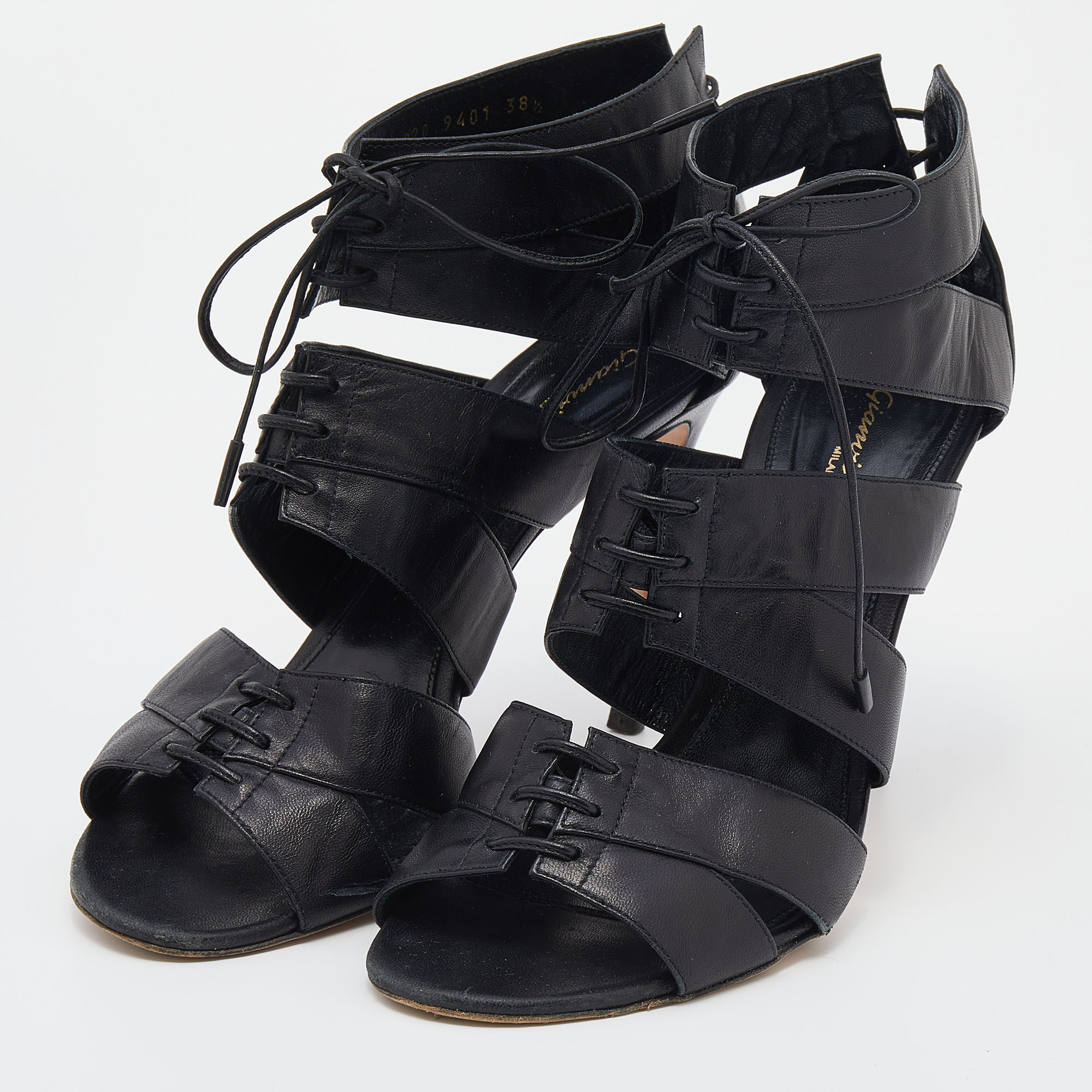 

Gianvito Rossi Black Leather Roxy Lace Up Caged Sandals Size