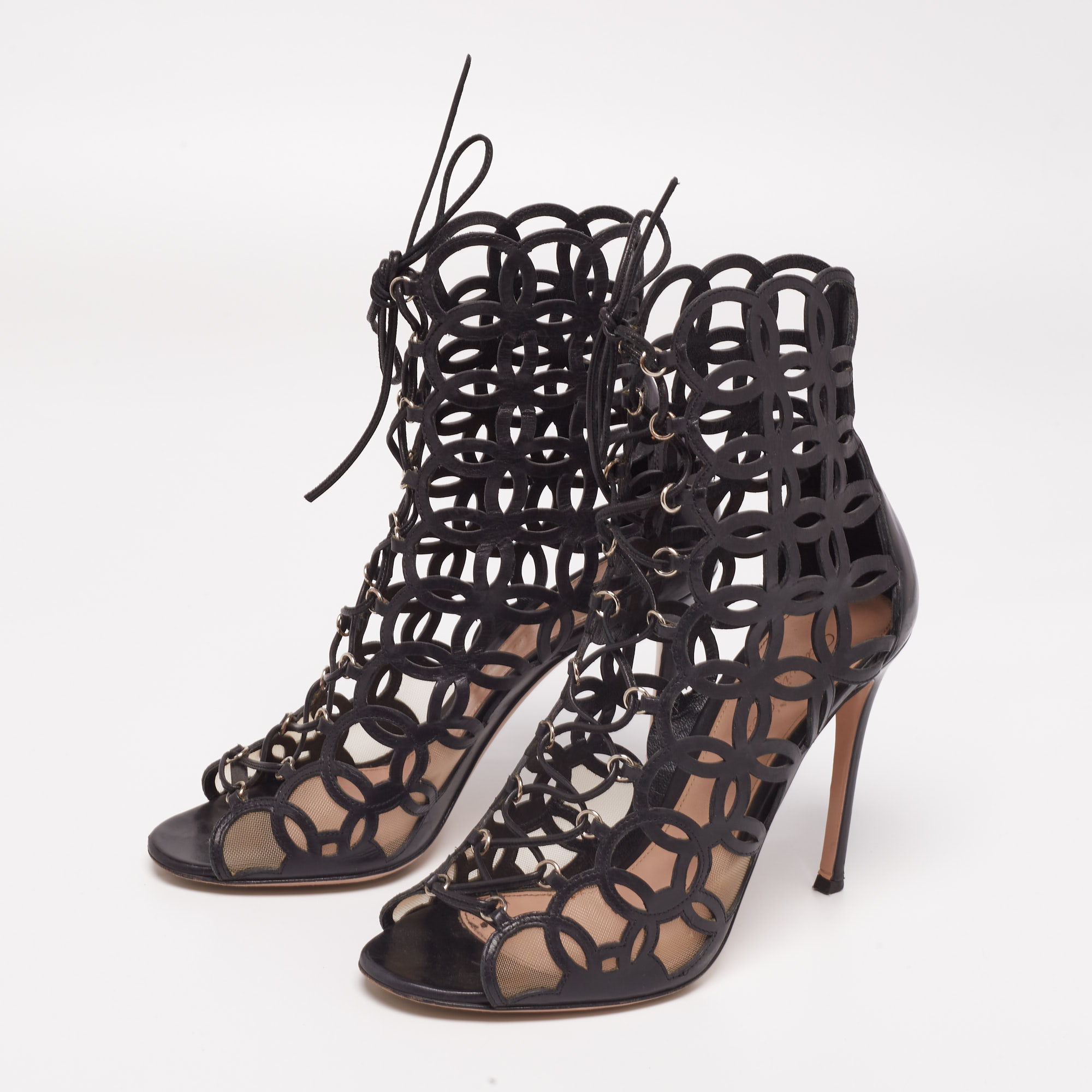 

Gianvito Rossi Black Laser Cut Leather Lace-Up Peep-Toe Sandals Size
