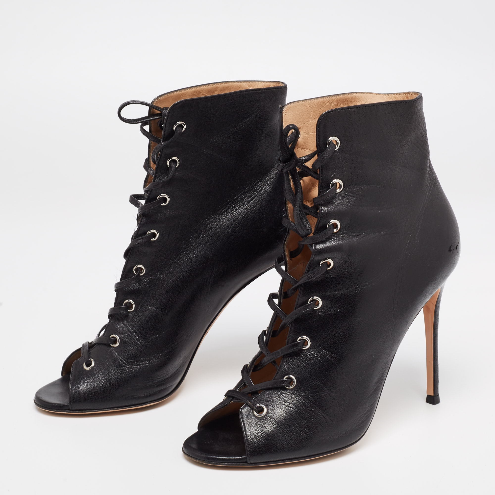 

Gianvito Rossi Black Leather Open Toe Lace Up Ankle Boots Size