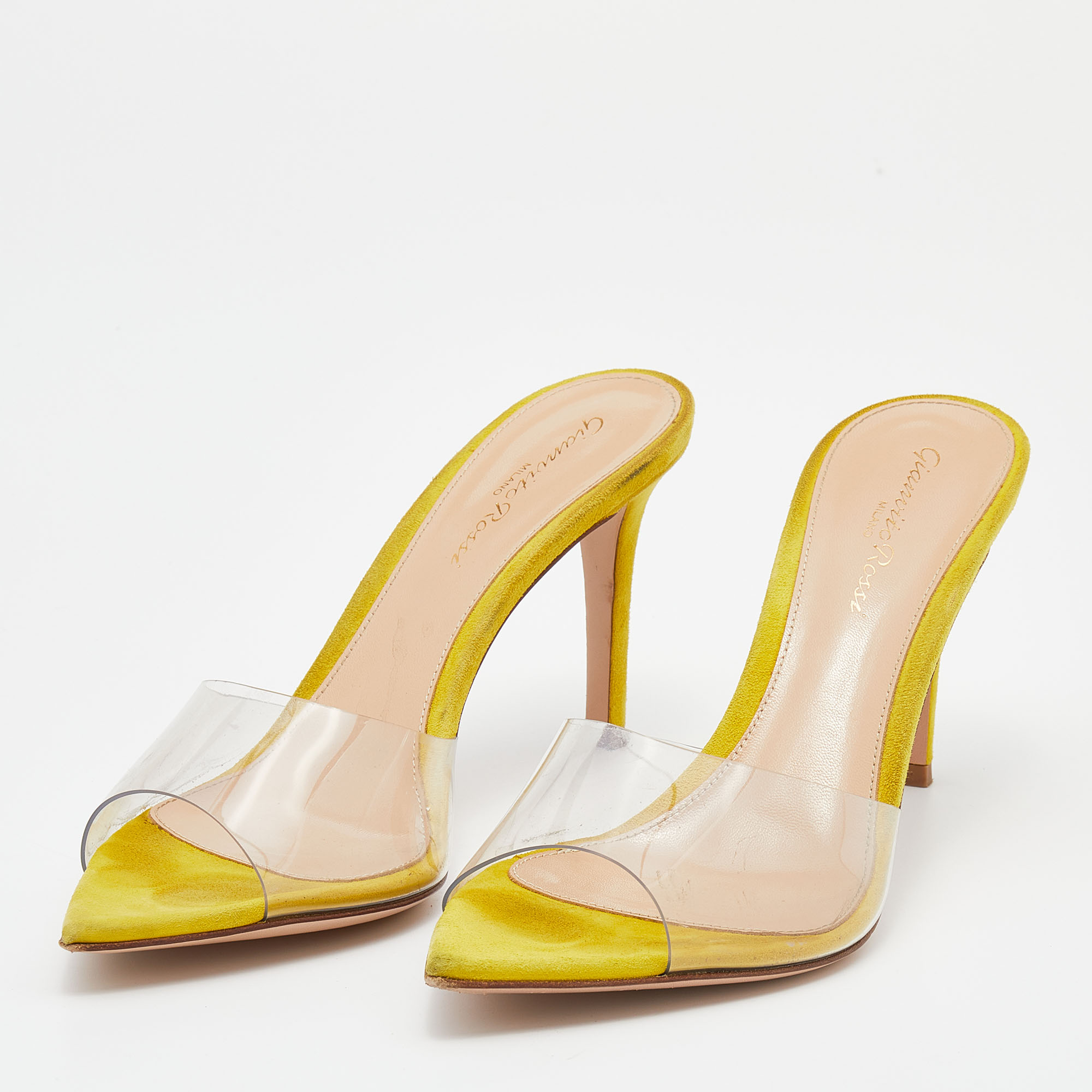 

Gianvito Rossi Clear/Yellow PVC And Suede Elle 105 Slide Sandals Size