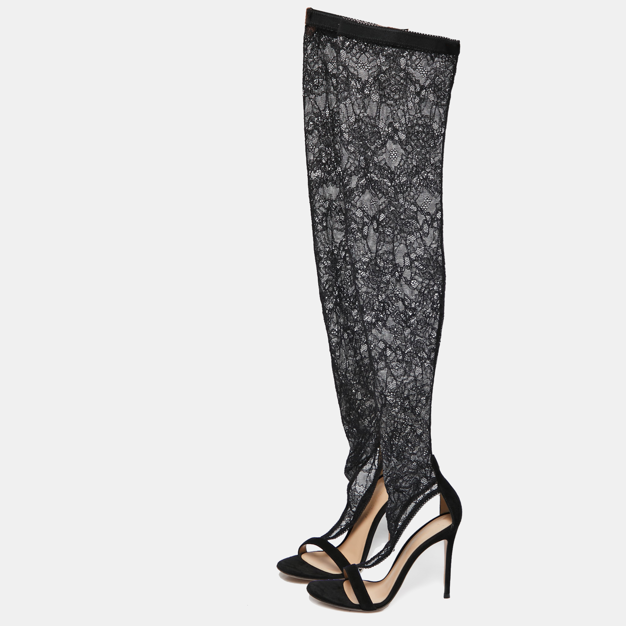 

Gianvito Rossi Black Suede And Floral Stretch Lace Fabric Over The Knee Boot Sandals Size