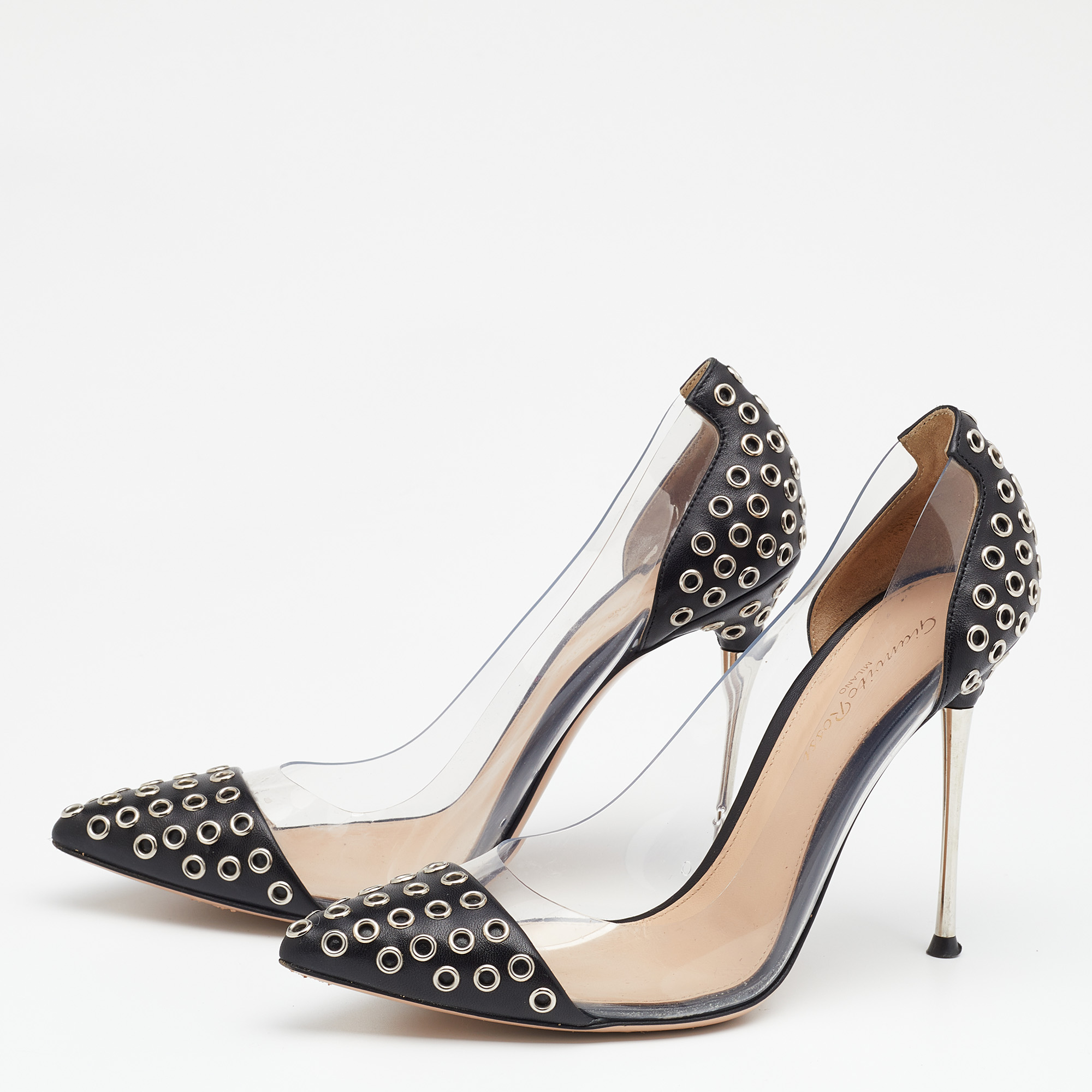 

Gianvito Rossi Black PVC And Leather Eyelet Pointed Toe Pumps Size