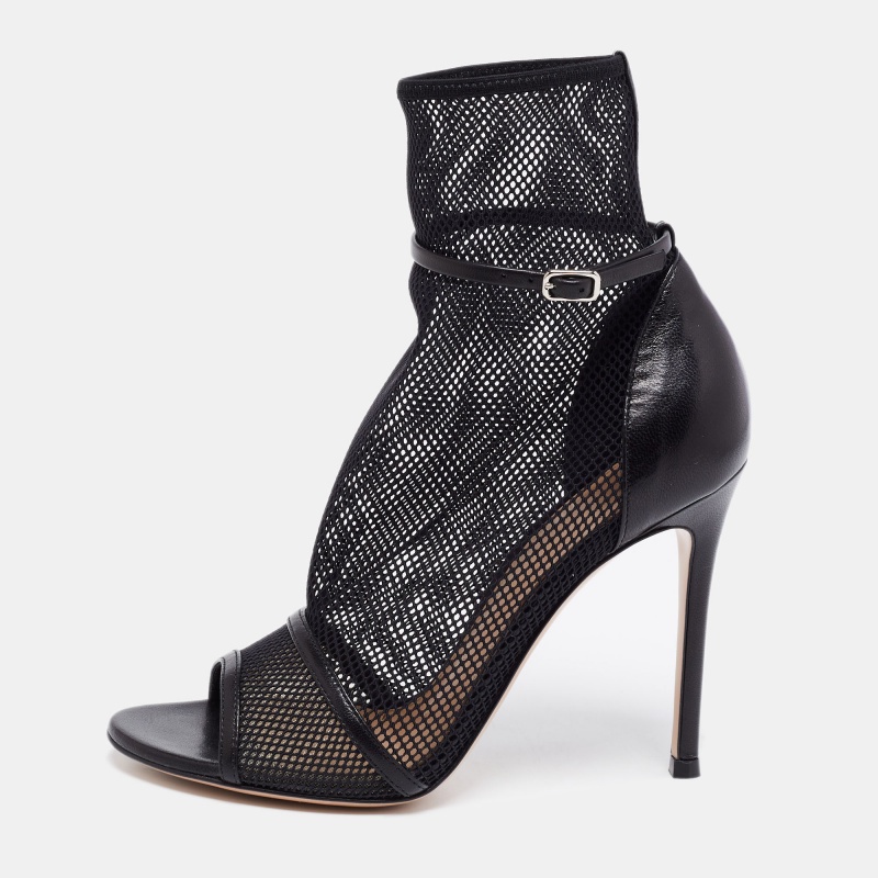 

Gianvito Rossi Black Mesh and Leather Idol Open-Toe Ankle Booties Size