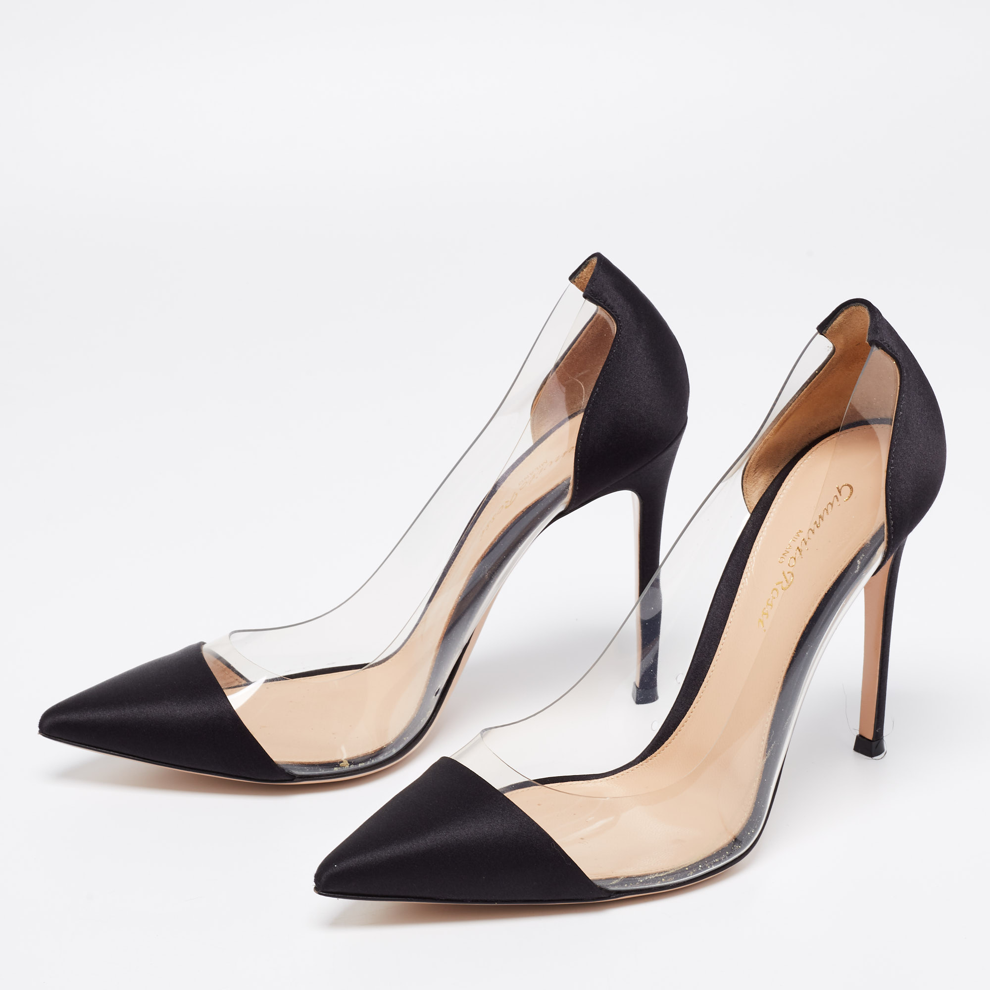 

Gianvito Rossi Black Satin And PVC Plexi Pumps Size