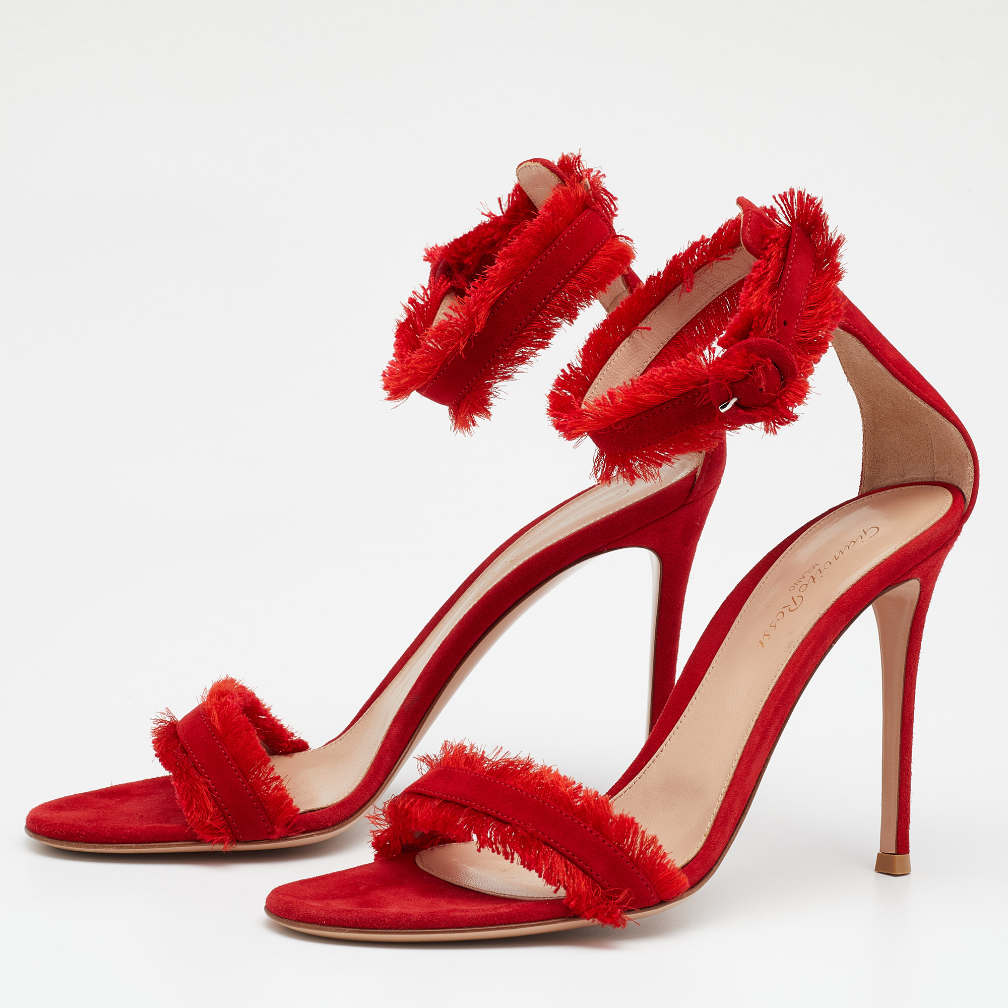 

Gianvito Rossi Red Suede and Satin Frayed Caribe Ankle Strap Sandals Size