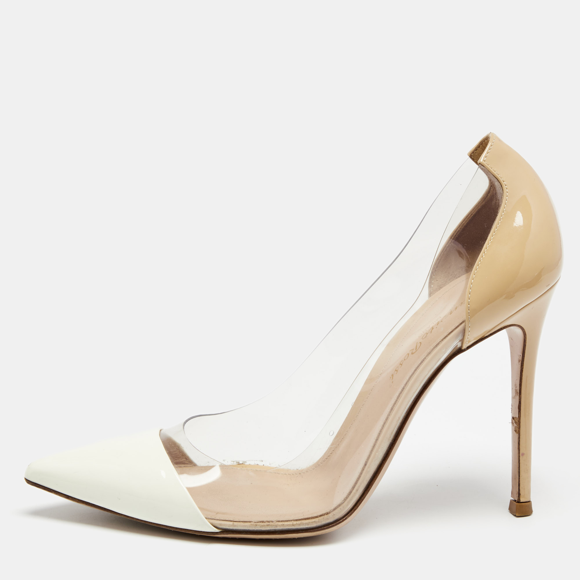 

Gianvito Rossi Beige/White Patent Leather And PVC Plexi Pointed Toe Pumps Size
