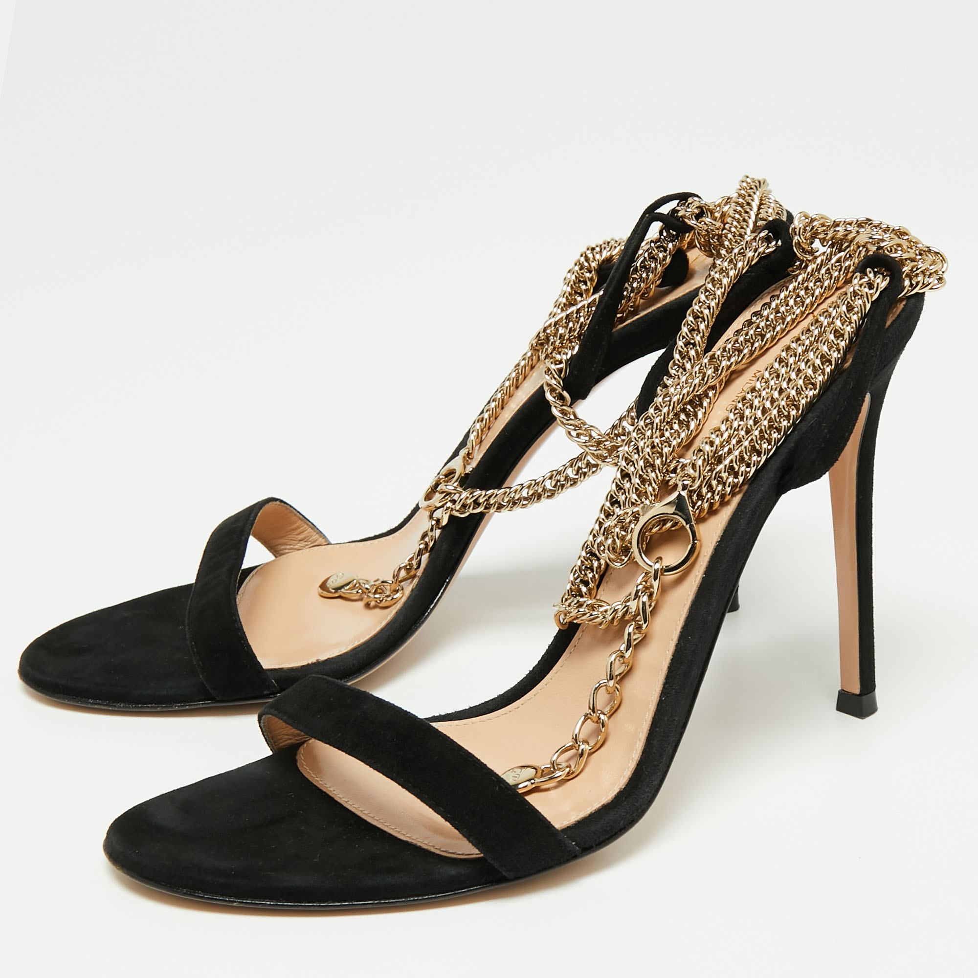 

Gianvito Rossi Black Suede Debbie Chain Ankle Strap Sandals Size