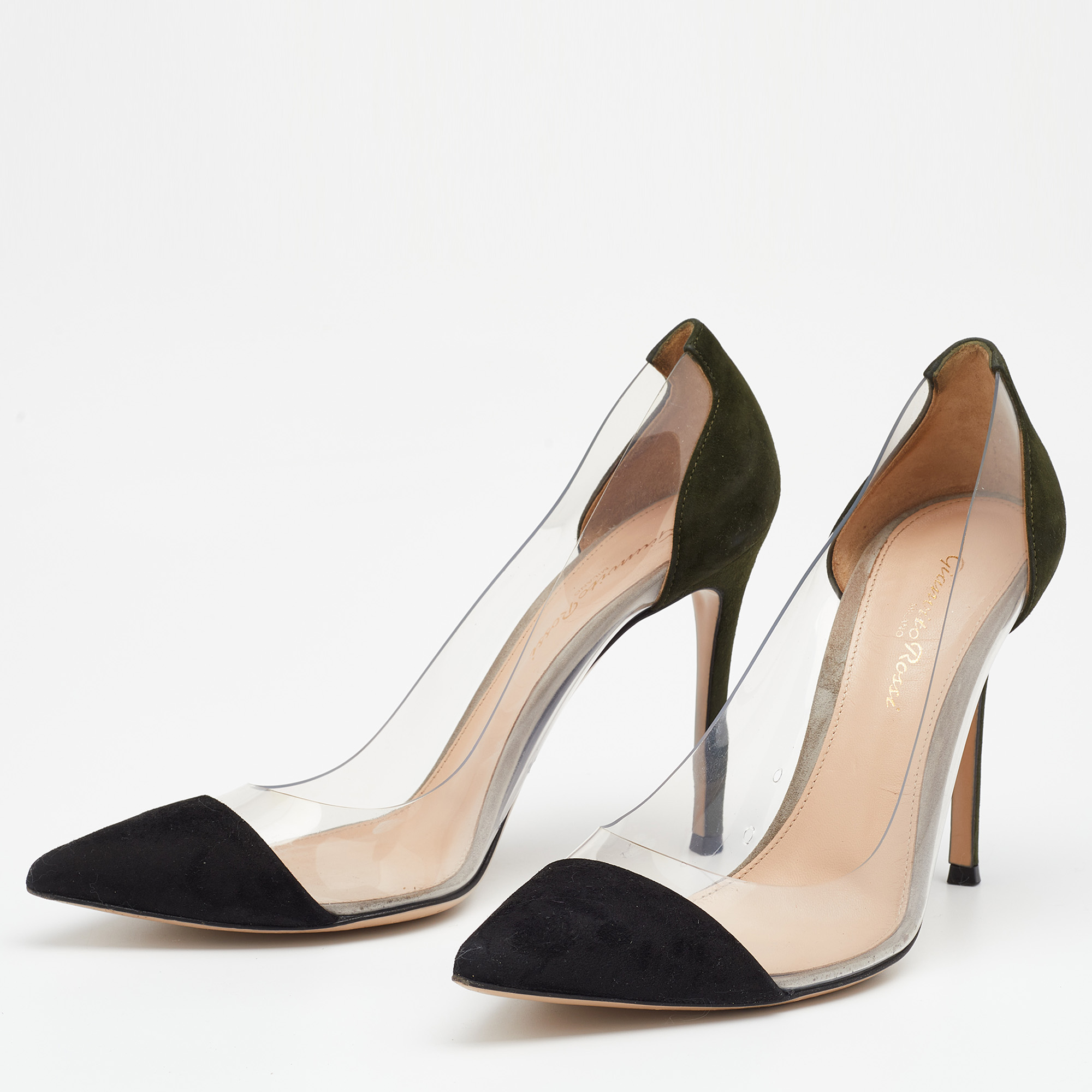 

Gianvito Rossi Black/Green Suede And PVC Plexi Pointed Toe Pumps Size