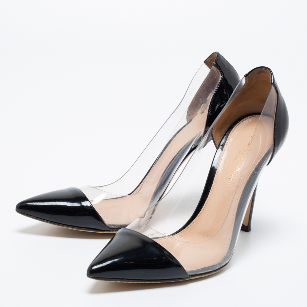 

Gianvitto Rossi Black Patent Leather And PVC Plexi Pointed Toe Pumps Size